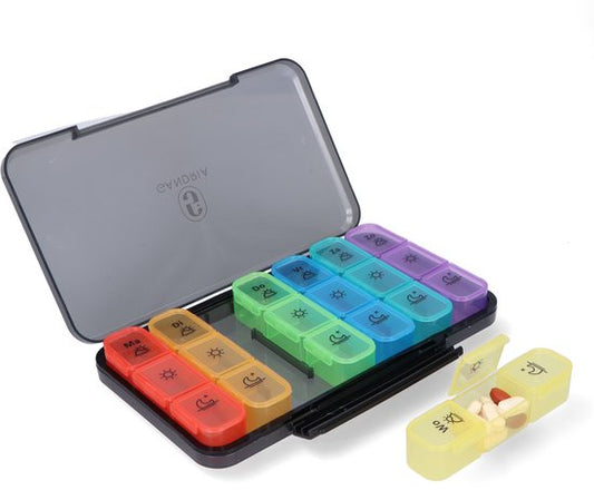 Boîte à pilules Gandria 7 jours - Boîte à pilules amovible - Boîte à médicaments avec 21 compartiments - Boîte à médicaments avec fermeture solide - 3 compartiments par jour