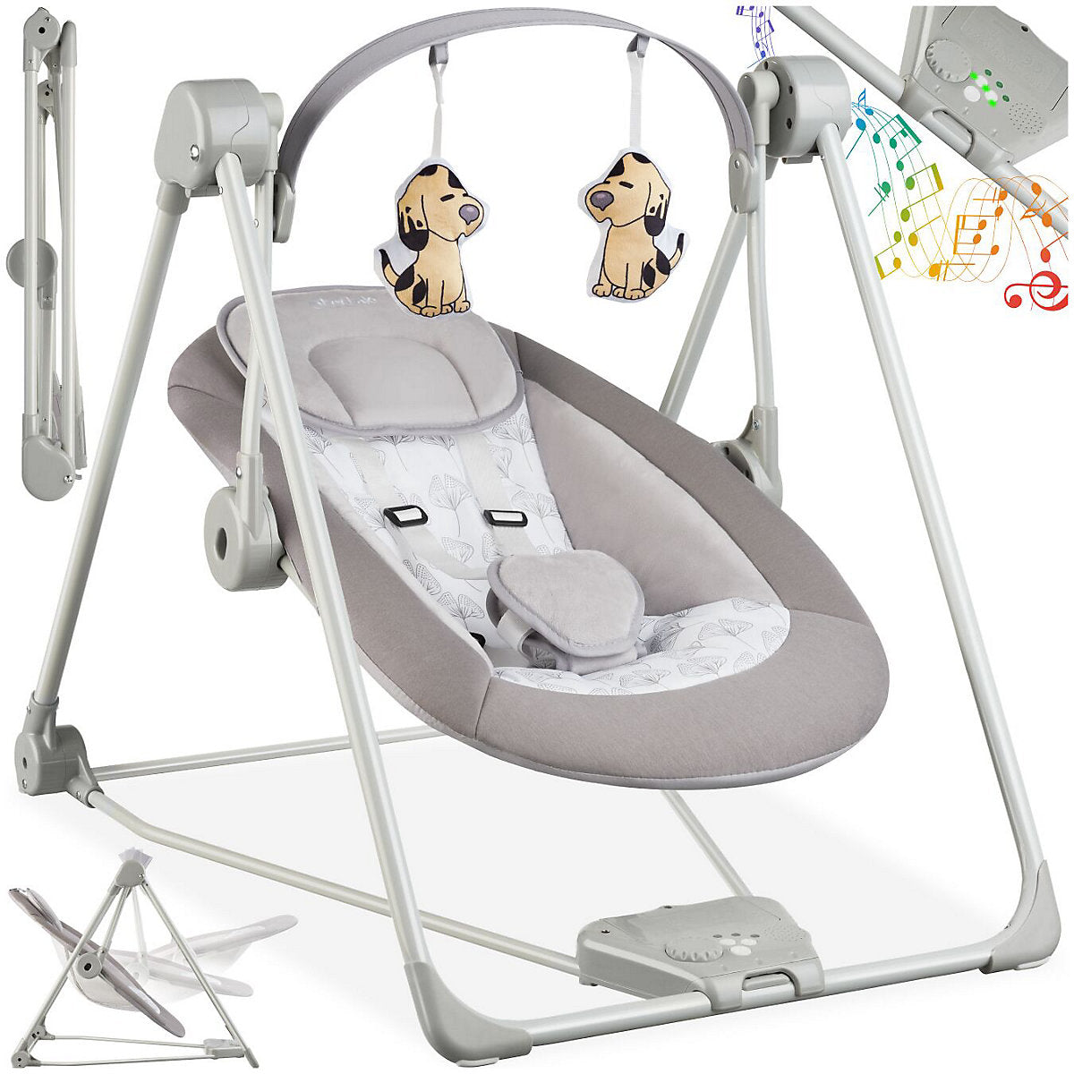 Balançoire pour bébé Tectake 75,5 x 56 x 68 cm - 5 vitesses/minuterie - 4 sons - Gris clair