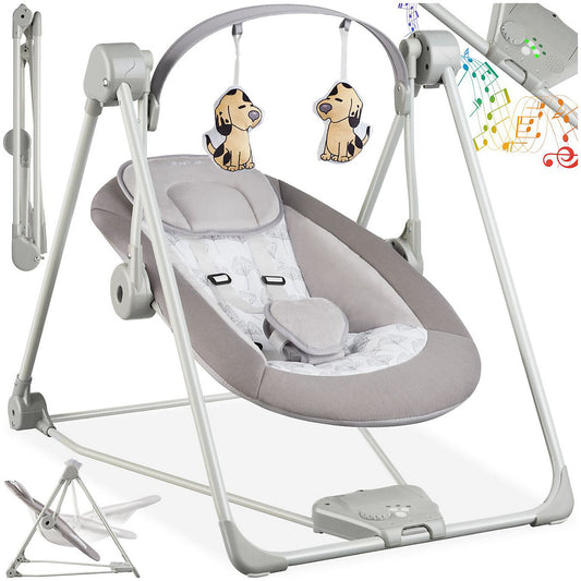 Balançoire pour bébé Tectake 75,5 x 56 x 68 cm - 5 vitesses/minuterie - 4 sons - Gris clair