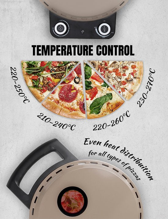 Bestron Turbo Pizza oven pour une pizza en 5-10 minutes, four à pizza électrique avec une température maximale réelle de 320°C, comprend une pierre à pizza et 2 grandes spatules en bois, Satin Collection, couleur : Beige