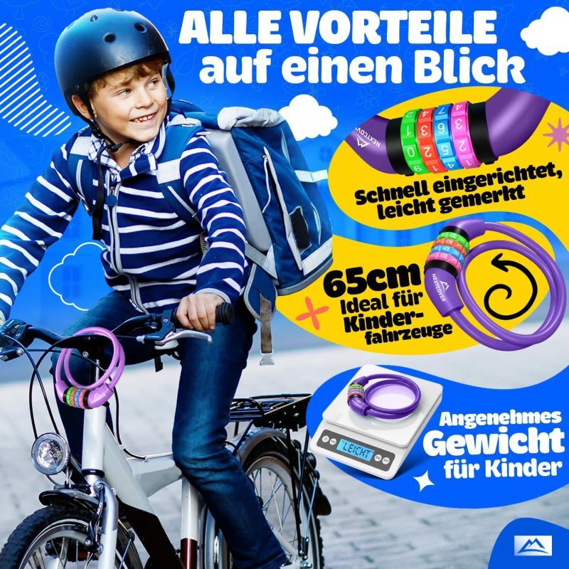 NEXTCOVER® Cadenas pour vélo d'enfant avec code numérique à 4 chiffres - Cadenas pour vélo d'enfant - Idéal pour les scooters, vélos et autres - Cadenas à combinaison pour vélo avec chiffres colorés - Cadenas pour scooter Extra robuste et sûr