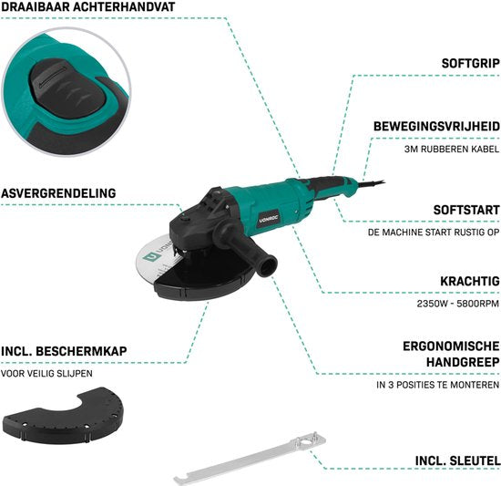 VONROC Meuleuse d'angle 2350W - Ø230mm - 5800 rpm - Avec poignée latérale pour droitier et gaucher - 3 mètres de câble en caoutchouc - excl. meule