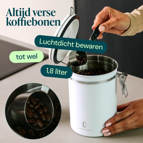 Boîte de conservation pour café Castagnola 1,8 L - Blanche - Boîte hermétique pour café avec valve à CO₂ et compteur de dates