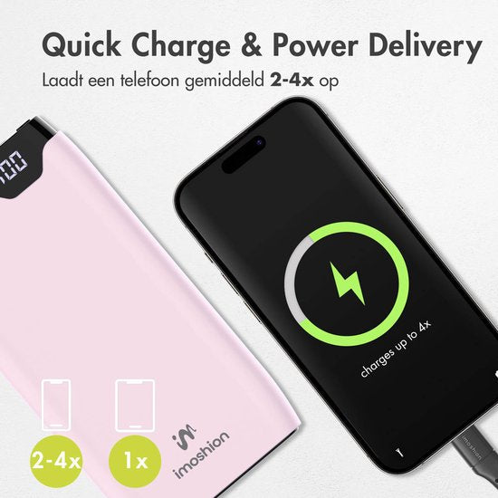 Batterie externe - imoshion - 20000 mAh - Chargeur rapide 22,5W - USB C & USB A - Powerbank adapté à iOS/Android - Rose clair
