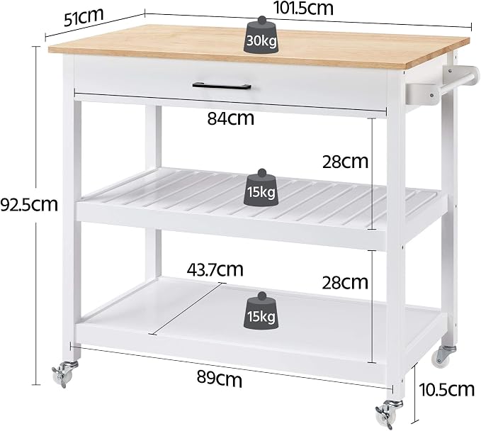 Chariot de cuisine Yaheetech 101,5 x 51 x 92,5 cm - 2 niveaux - tiroir - 4 roulettes - blanc/naturel