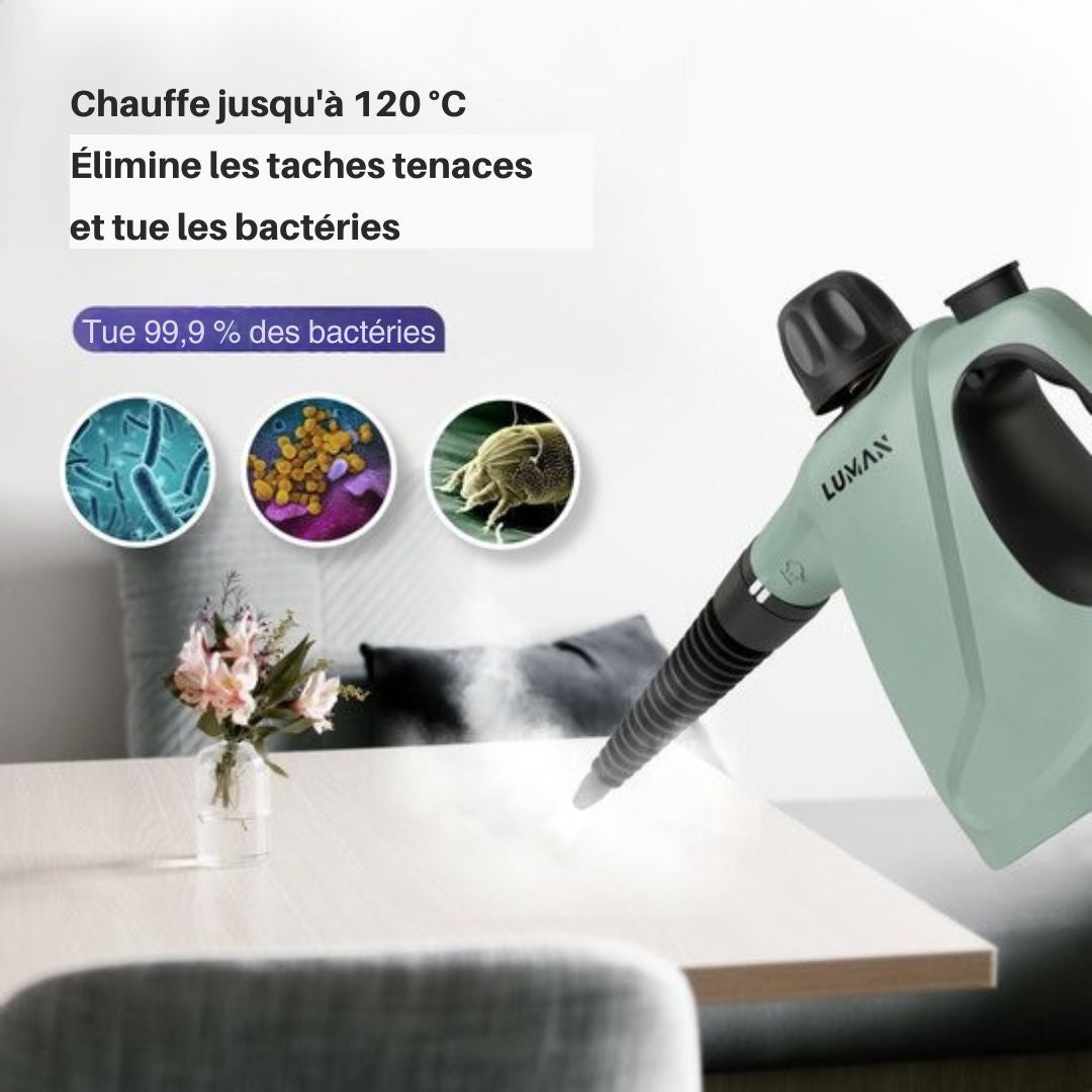 Nettoyeur vapeur portatif - Luman - 1050W - Réservoir 450 ml - Pression 0,26 à 0,32 MPa - Fonction vapeur continue - 16 accessoires - Vert