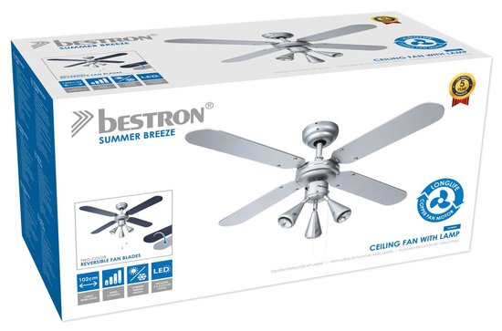 Bestron Ventilateur de plafond avec éclairage, 3 vitesses et très grande portée de Ø102cm, incl. fonction été/hiver, 3 x GU10 LED, 50Watt, DLHB42S, couleur : argent/bleu