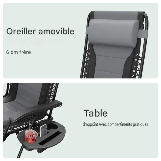 LifeGoods Chaises longues confort - pliable - 30°-90° réglable - support pour gobelets et téléphone - chaises de jardin - noir/gris