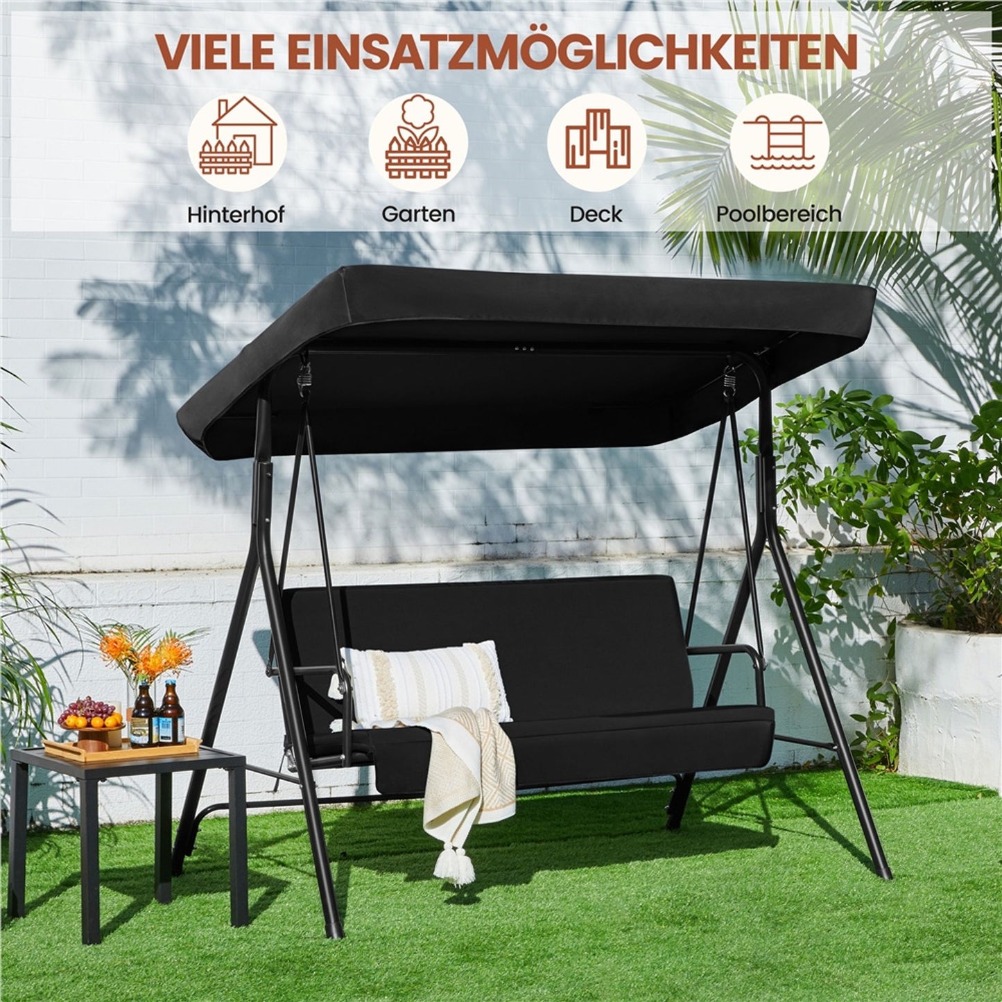 Balançoire Hollywood 3 places Yaheetech avec pare-soleil réglable - 170 x 112,5 x 162,5 cm - Noir