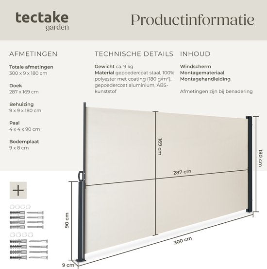 tectake® Pare-vent télescopique avec mécanisme d'enroulement - 300 x 180 cm - Auvent latéral avec armature en aluminium - Pare-soleil - Pare-vue de jardin - Pare-vue de balcon beige - Pare-vue opaque - Toile de store