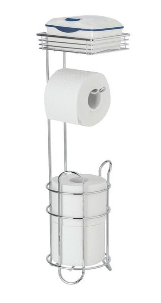 Porte-rouleau de papier toilette sur pied, chromé - Avec tablette et support pour rouleau de rechange