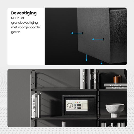 Auronic Coffre-fort électronique - Serrure Digitale - Clé - Montage mural - Porte 4.3cm - Alarme 130dB - 8L - 31x20x20cm - 4.5KG - Acier - Noir