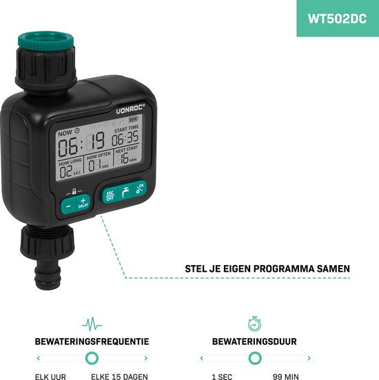 VONROC Water timer - Ordinateur d'arrosage - digital - système d'irrigation automatique - intervalle et durée largement réglables : 1h à 15 jours/ 1sec à 99min - résistant à l'eau IPX5