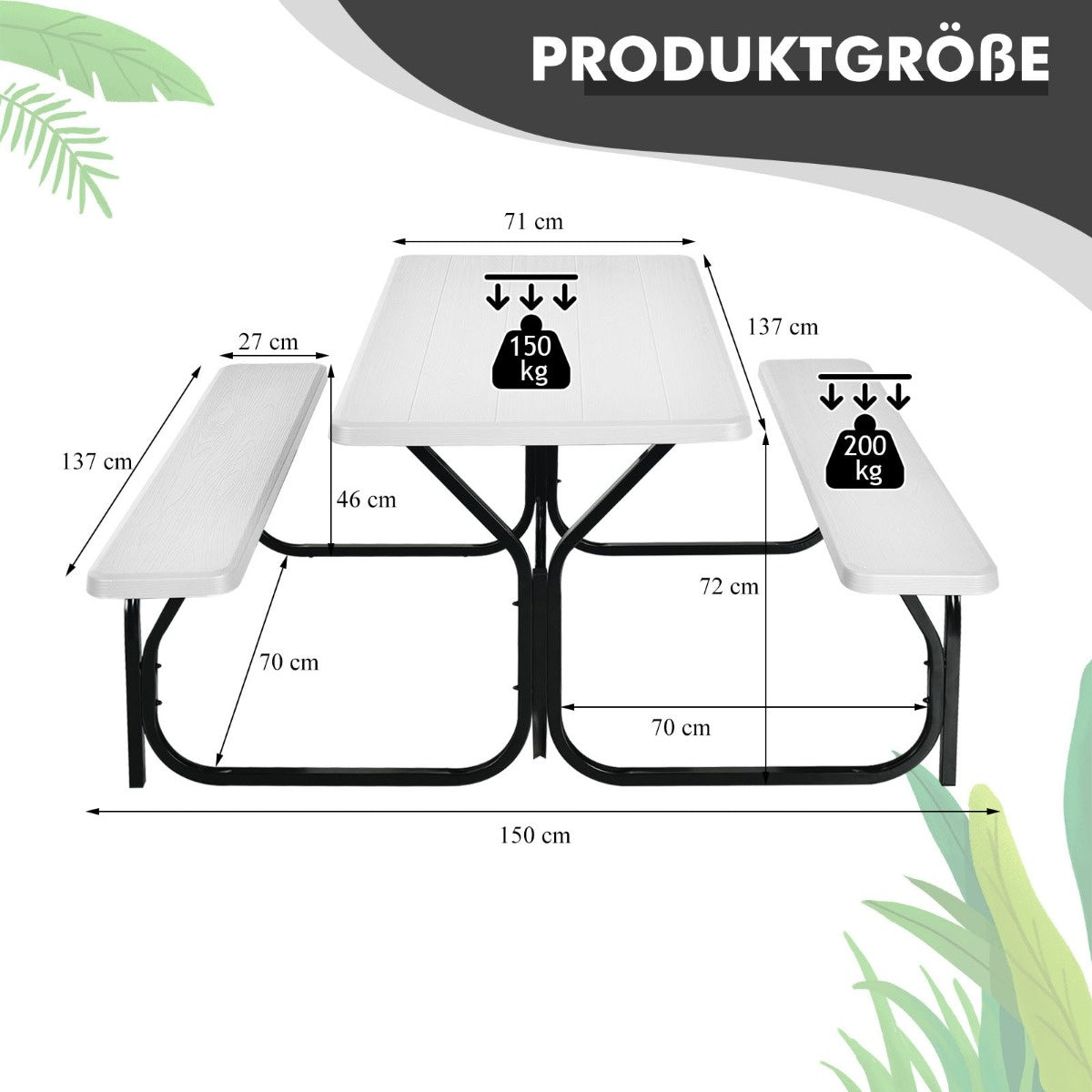 Coast Bear Tent Set table de pique-nique et 2 bancs avec structure en métal blanc