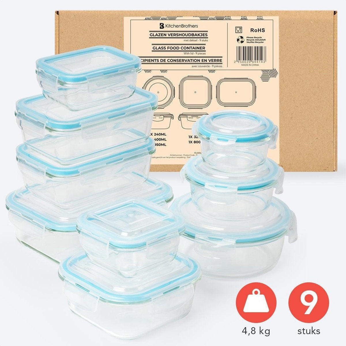 KitchenBrothers Meal Prep Trays - Ensemble de plateaux fraîcheur - hermétique - sans BPA - en verre - 9 pièces