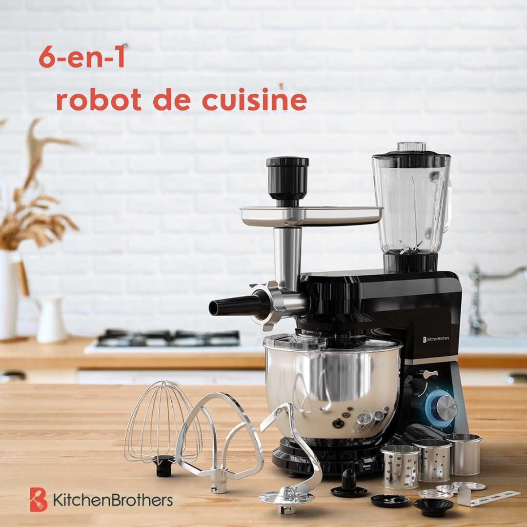 Robot de cuisine KitchenBrothers - Set complet - 15 accessoires - 6L - 1500W - Noir
