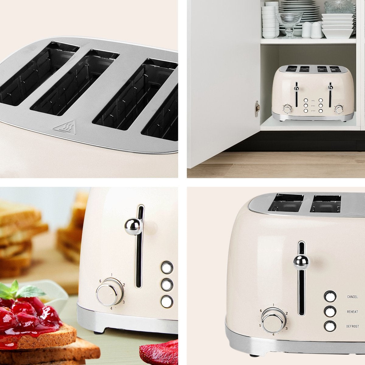 KitchenBrothers Retro Toaster - Grille-pain - 6 niveaux de chaleur - 4 fentes extra-larges - 1630W - Beige