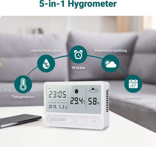 Spoused Hygromètre numérique - Thermomètre d'intérieur - Humidimètre - Station météo - Blanc