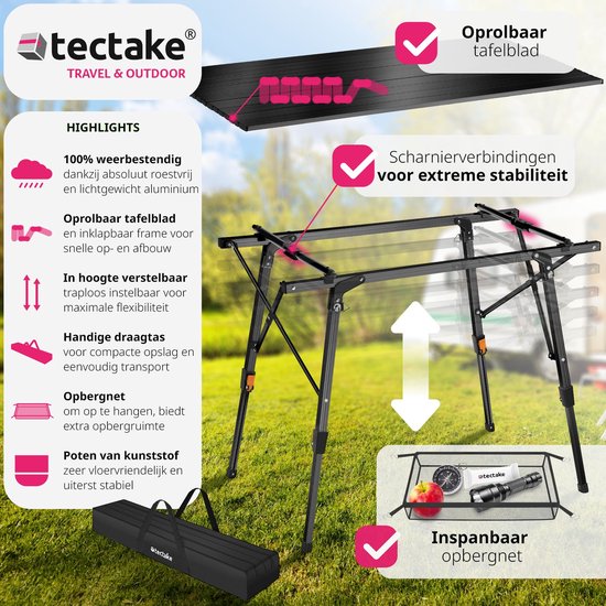 tectake®- Table de camping en aluminium table de camping - pliable - réglable en hauteur - LxLxH : env. 90x52x47cm - noir - 404983