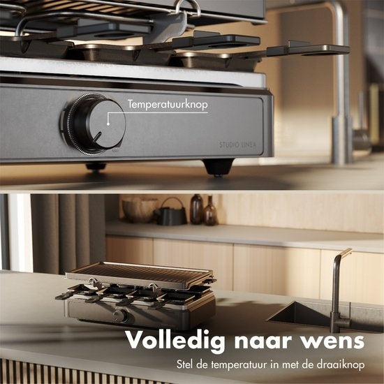 Studio Linea SLGRILL30BK Set Gourmet - 8 personnes - 1400 W - Poêles et plaque Gourmet avec revêtement antiadhésif - Raclette