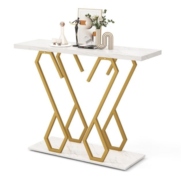Table d'appoint Coast - aspect marbre - 100 x 30 x 79 cm - blanc/or