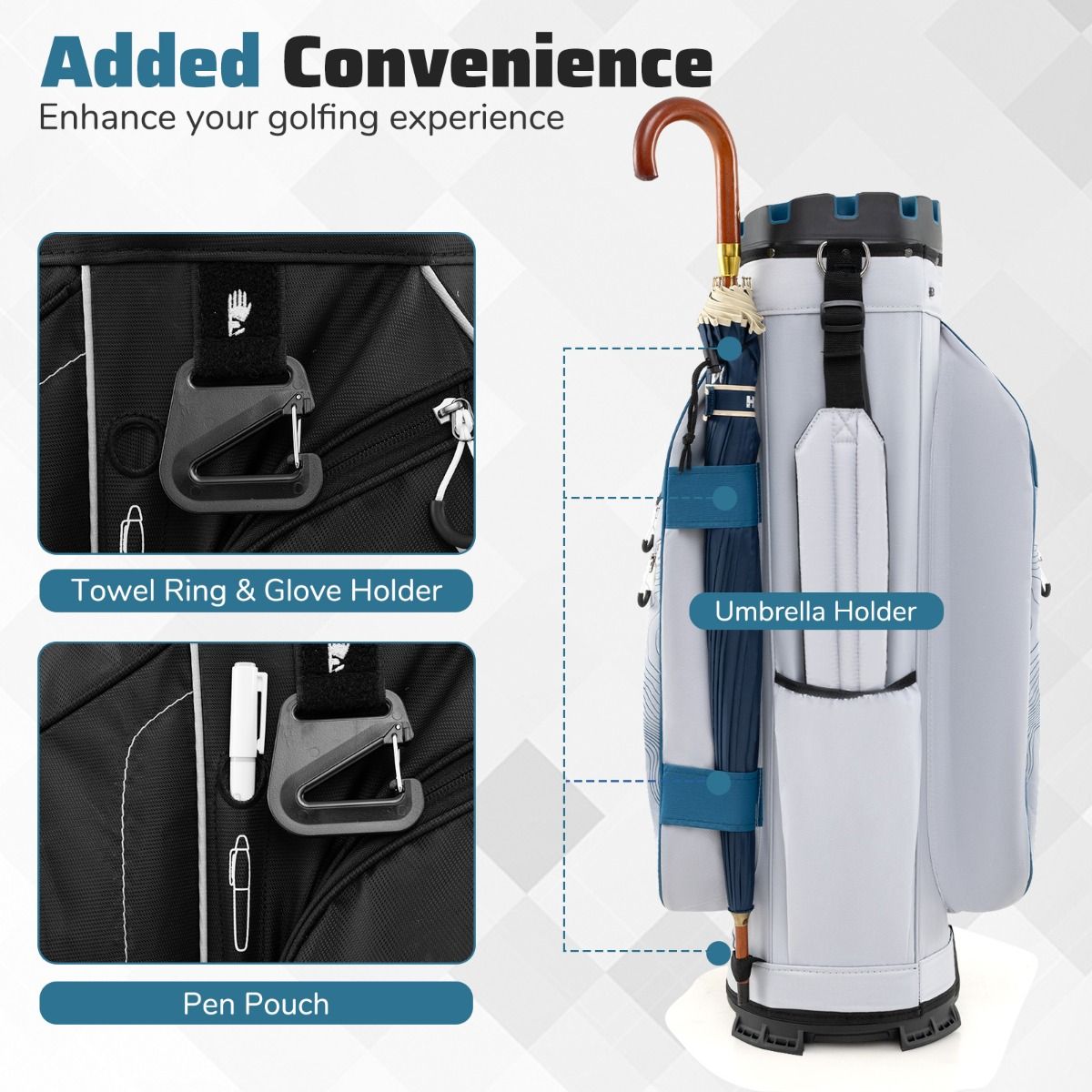 Sac de golf Coast avec 14 compartiments, 11 poches, sangle de transport et housse de pluie - Sac léger pour chariot de golf - 34x24x90.5 cm - Bleu marine