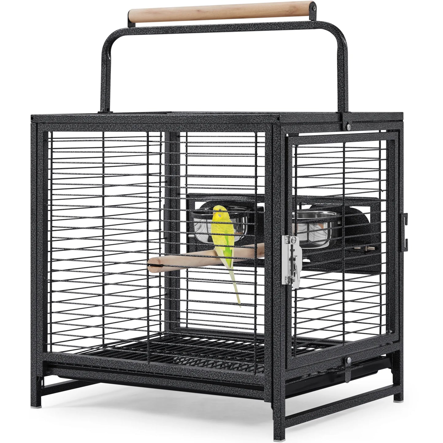Yaheetech Cage à oiseaux avec poignée - Avec perchoirs en bois, revêtement hydrofuge et porte verrouillable - Pour canaris et perruches - Métal noir, plastique et bois - 48,5 x 39 x 65 cm