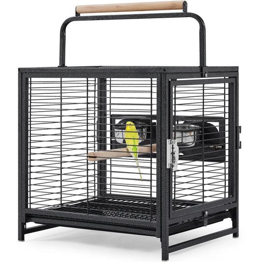 Yaheetech Cage à oiseaux avec poignée - Avec perchoirs en bois, revêtement hydrofuge et porte verrouillable - Pour canaris et perruches - Métal noir, plastique et bois - 48,5 x 39 x 65 cm