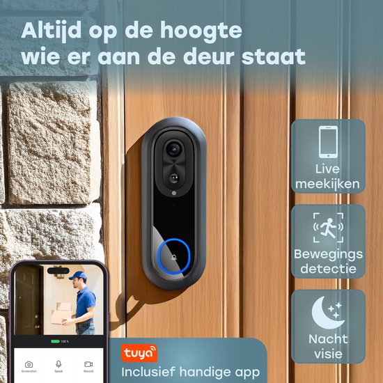 Audyn Sonnette vidéo avec caméra - Sans fil - Sonnette intelligente - WiFi - 1080P - Sans abonnement - Gong sans fil inclus
