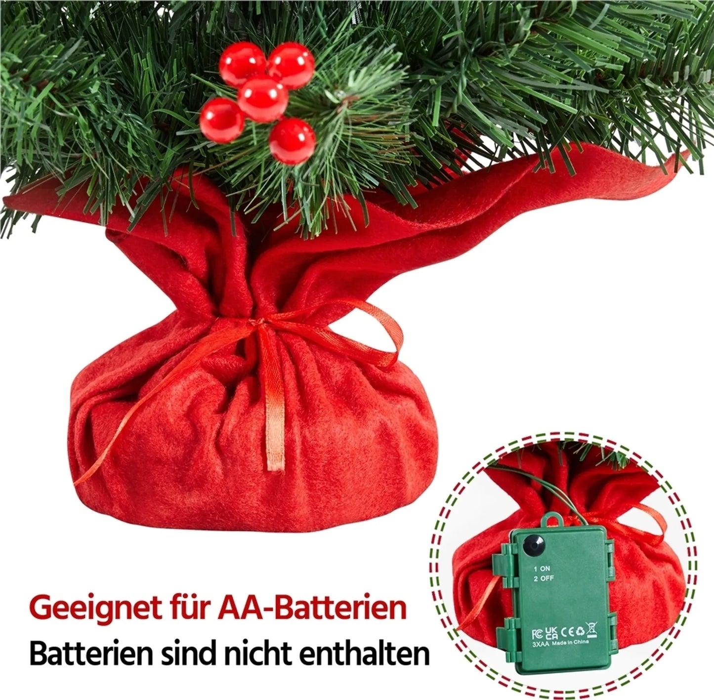 Yaheetech Sapin de Noël de table avec lumières - 48 x 48 x 90 cm - équipé de 50 lumières LED et de 60 baies rouges et d'une base en béton avec tissu rouge - pour le buffet et le bureau - PVC vert et béton