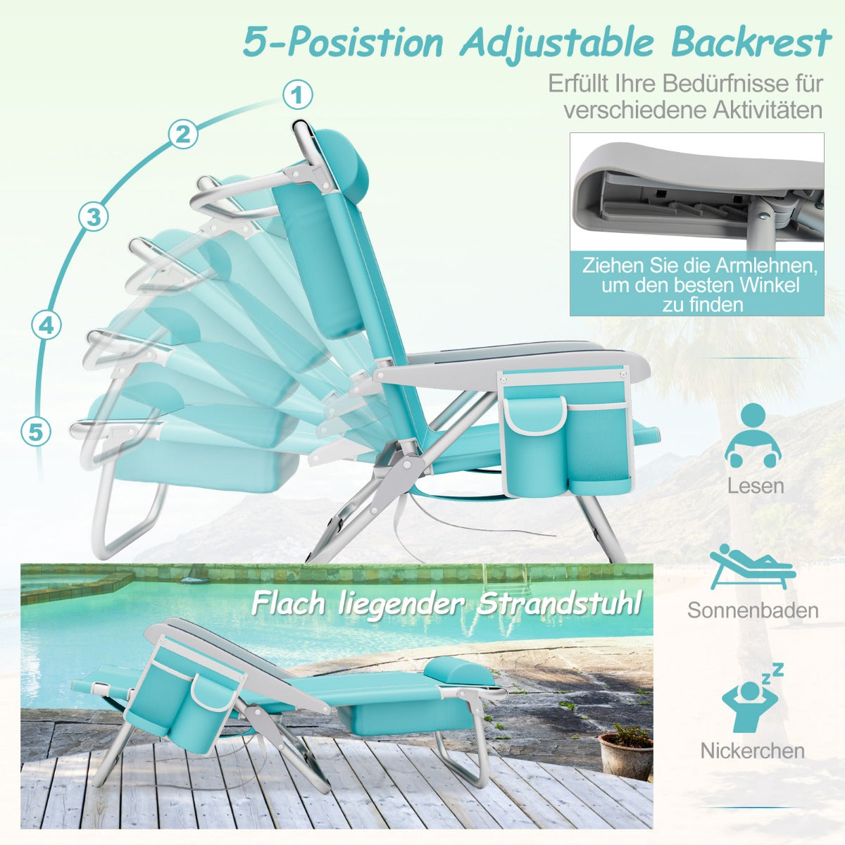 Chaise de plage Coast - 2 pièces - Pliable - Max. 150 kg - 66 x 65 x 78 cm - Bleu