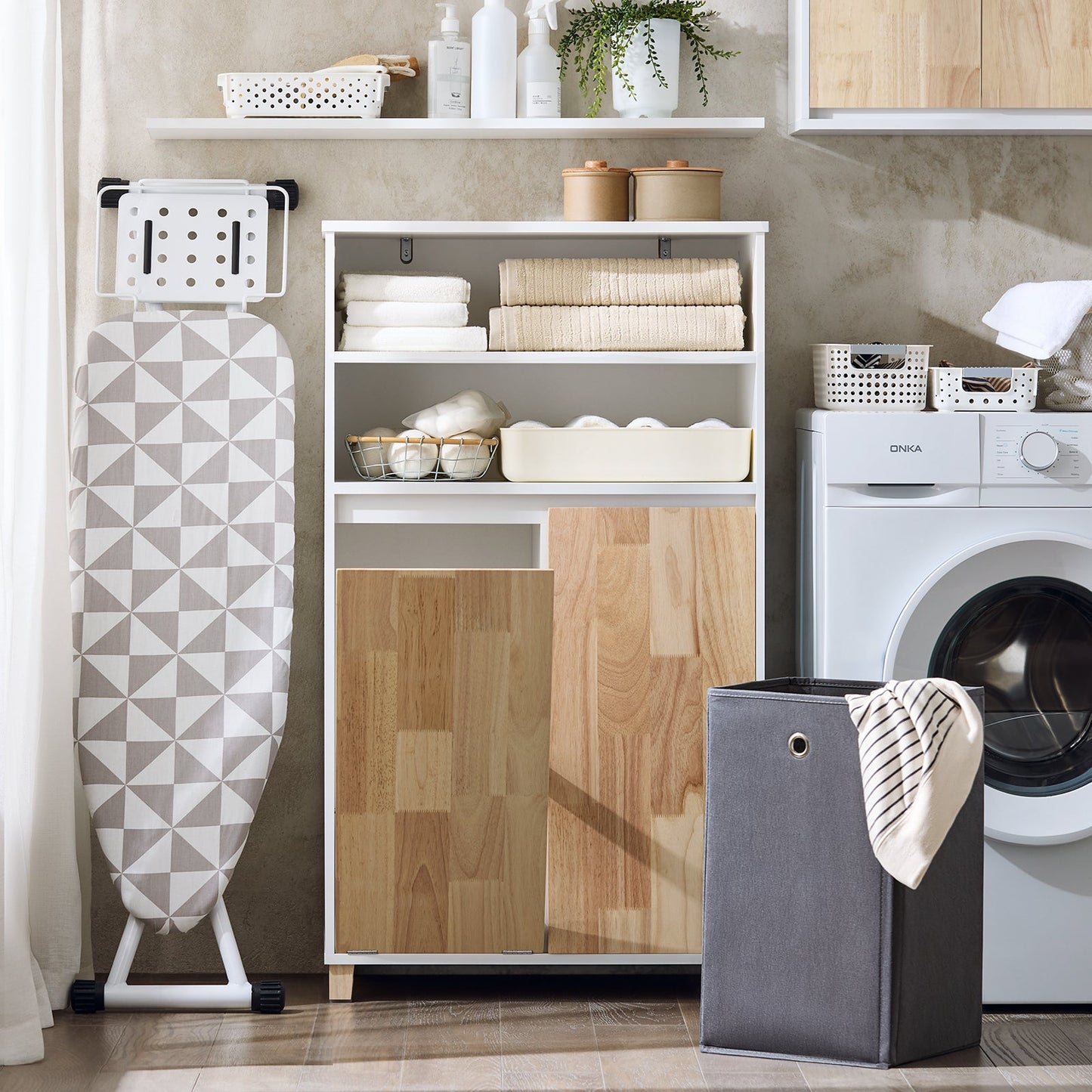 SoBuy BZR143-WN Meuble de salle de bains avec lavabo amovible, 3 plateaux de rangement et panier à linge - Blanc, 64x33x110 cm