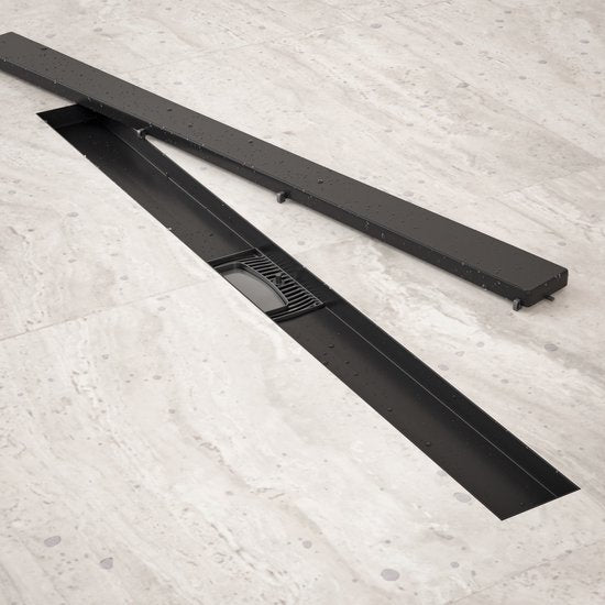 Receveur de douche - 80cm - Noir mat - Grille à carreler - Inox - Avec bride