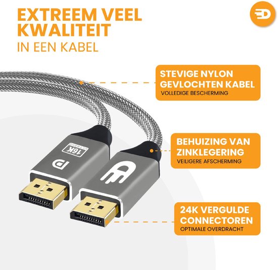 Drivv. Câble DisplayPort 2.1 - 16K 60Hz - 8K 120Hz - 4K 144Hz - 80Gbps - DisplayPort vers DisplayPort - Câble DP - 2 mètres - Gris