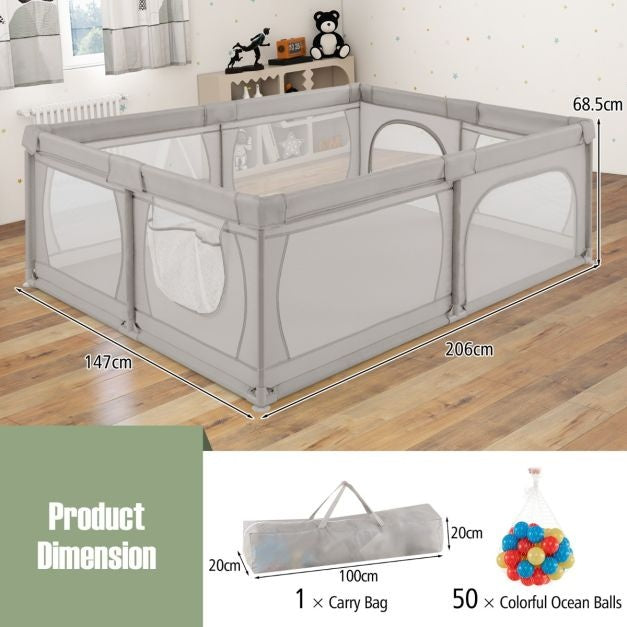 Parc à bébé Coast avec 50 balles et 2 portes - 206 x 147 cm - gris