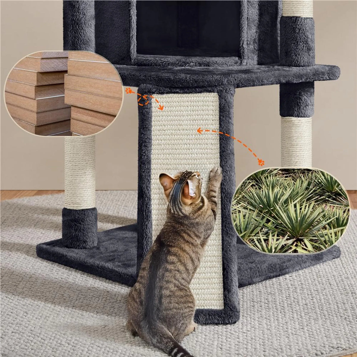 Yaheetech Cat Post With 5 Sisal Poles - Equipped With Padded Viewing Platform And Hammock And Cat Burrow - For 2 To 3 Small And Medium Cats - Dark Grey Plush And Metal - 43,5 x 43,5 x 106 cm