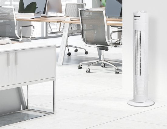 Bestron Ventilateur de tour, Ventilateur avec 3 vitesses et fonction de rotation de 75°, minuterie incluse, hauteur : 78 cm, 35W, AFT760W, couleur : blanc