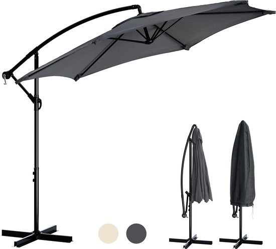 Parasol à bras articulé Tristar - 300 cm, rond - Jardin - Hauteur réglable - Pied en croix et housse de protection inclus - PA-7905 - Anthracite