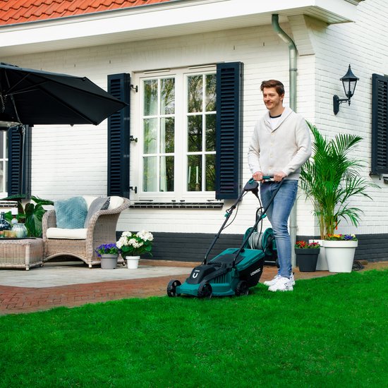 VONROC Tondeuse électrique - 1300W - Largeur de coupe 32cm - Bac de ramassage 30L + indicateur de remplissage - Hauteur de coupe réglable