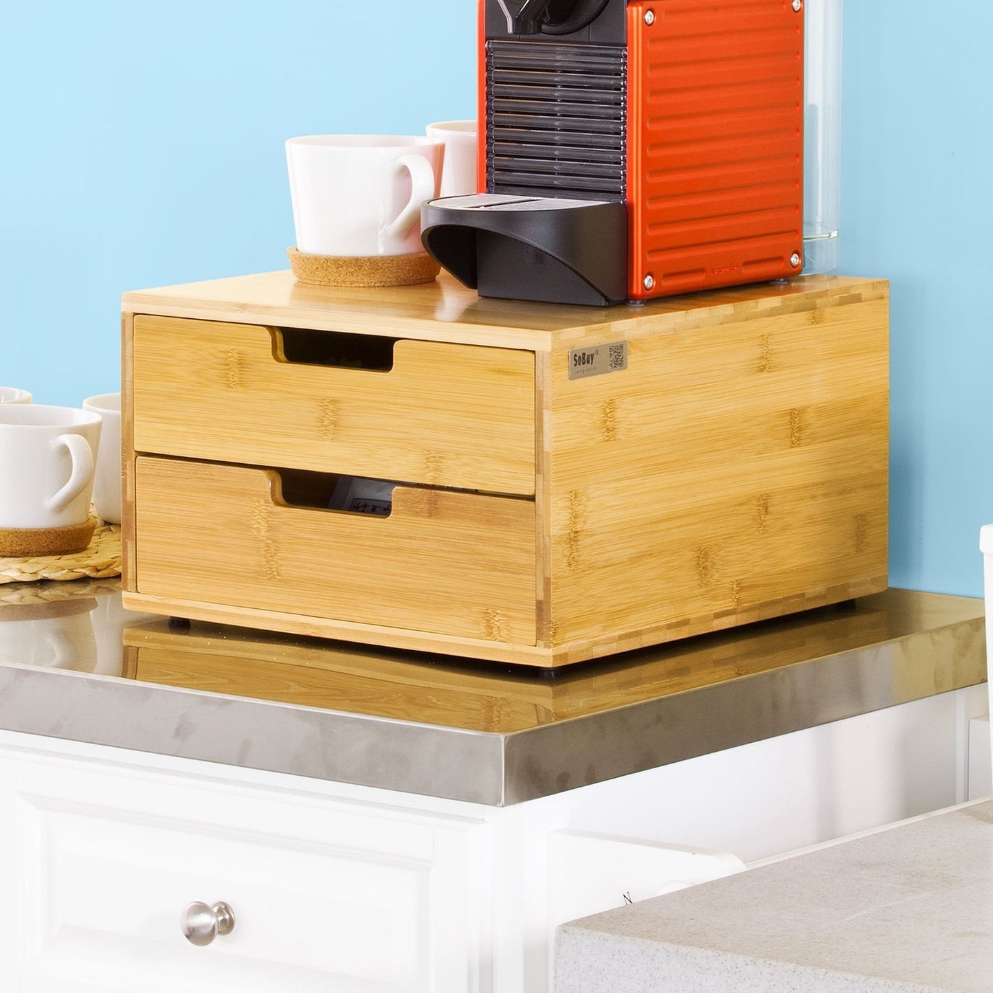 SoBuy Porte-capsules avec 2 tiroirs - Bambou - 30 x 18 x 31 cm