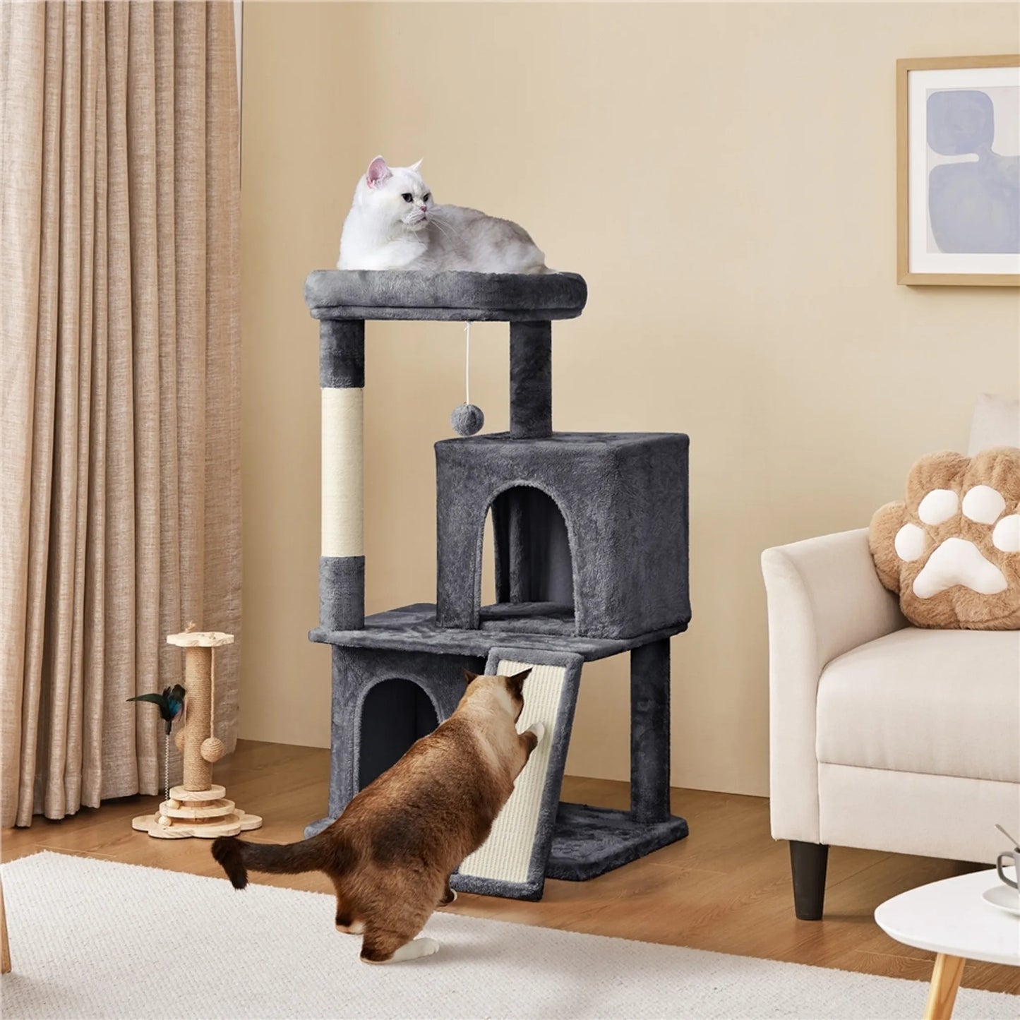 Yaheetech Cat Post With Two Cat Houses - Equipped With Viewing Platform And Scratching Board And Sisal Pole And Play Ball - For 1-2 Small To Medium Cats - Dark Grey Plush And Sisal - 60 x 45 x 106 cm