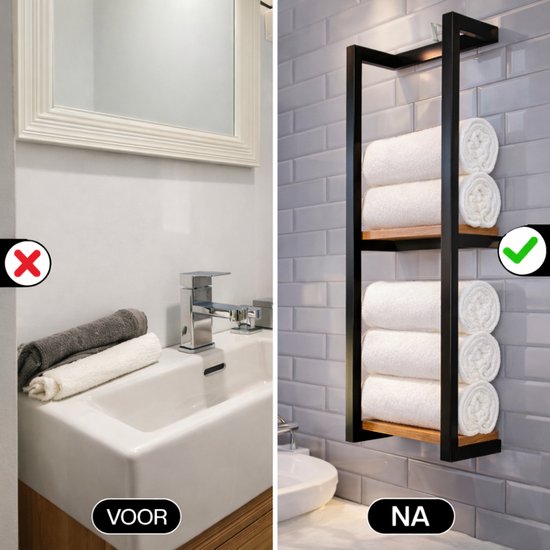 Vonia Porte-serviettes - Porte-serviettes salle de bain - Porte-serviettes salle de bain - Porte-serviettes - Noir/Bois