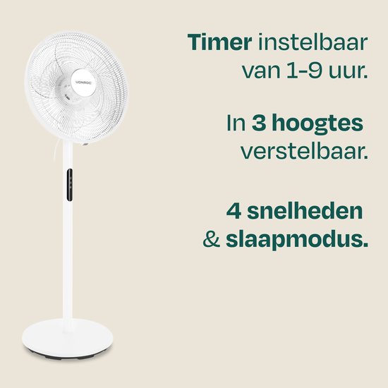 Ventilateur de sol VONROC - Ø 45,5 cm - 4 vitesses et mode veille – minuterie - réglable sur 3 hauteurs - télécommande incluse - blanc