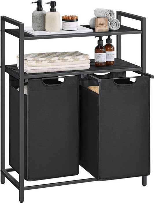 O'DADDY® Panier à linge avec 2 compartiments et 2 étagères - 76 litres - Trieur de linge coulissant - Organisateur de linge - Panier à linge - Boîte à linge - Double panier à linge - Noir/Marron