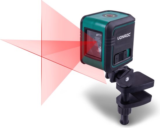 VONROC Cross line laser - Rouge - Autonivelant - 10 mètres - Support de montage et sac de rangement inclus