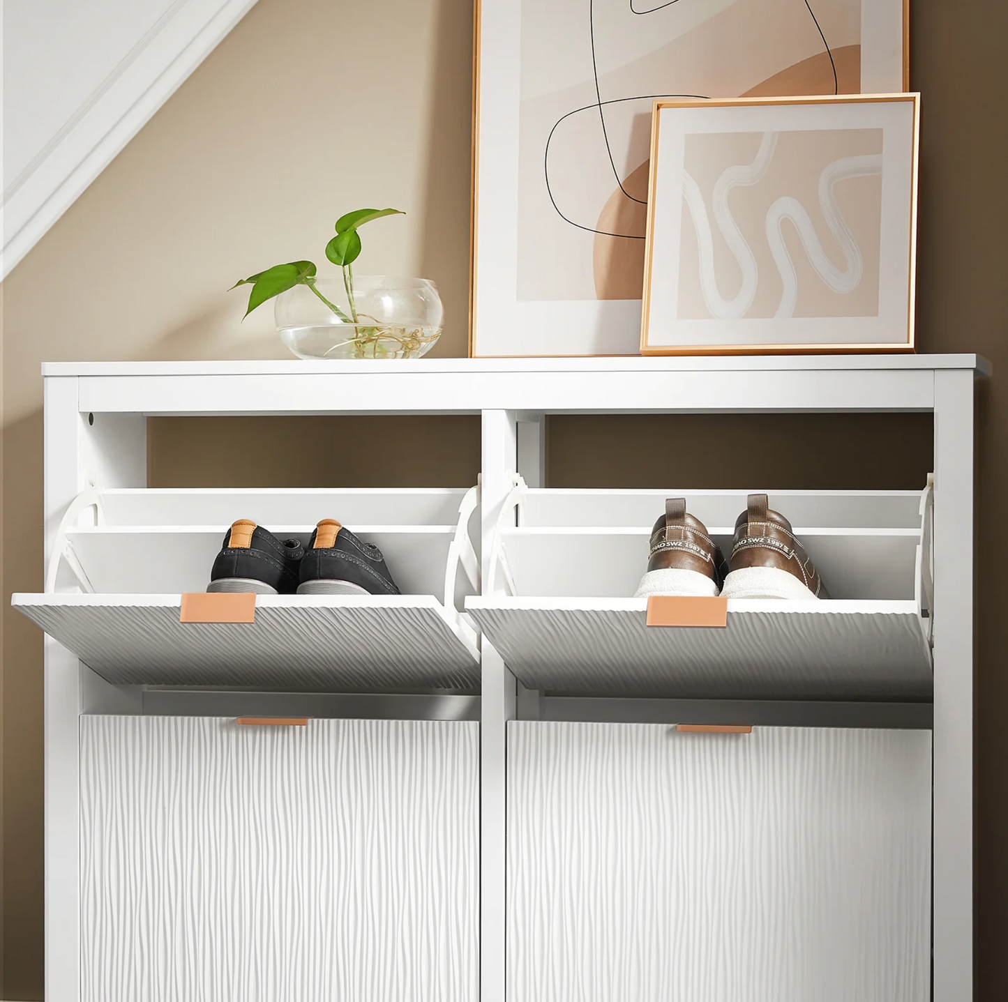 SoBuy FSR186-II-W Meuble à chaussures - Meuble de rangement étroit avec 4 abattants, compact et peu encombrant pour l'entrée et le salon - 104x23x82 cm - Blanc