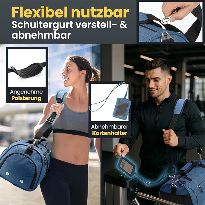 Herowerk Sac de sport avec compartiment à chaussures et compartiment humide, sac d'entraînement pour femmes et hommes, idéal comme sac de voyage, sac de fitness, sac d'entraînement ou sac de sport, bleu foncé, Sac de sport avec bandoulière