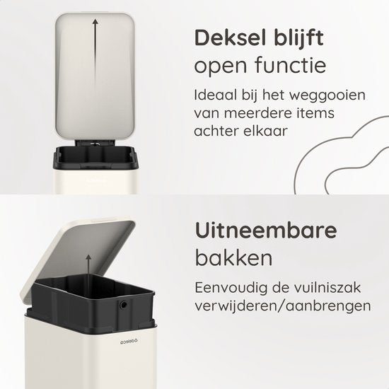 Deleca Poubelle Prestige - 50 Litres - Etroite - Acier inoxydable Poubelle / Corbeille à papier / Poubelle à pédale - Avec pédale et fermeture lente - Blanc crème