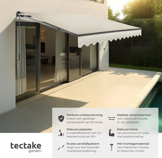 tectake® Sunshade with Articulated Arm - 300 x 250 cm - Store - Protection solaire pour fenêtre, balcon, extérieur - Fixation murale - Résistant à l'eau et aux UV - Beige