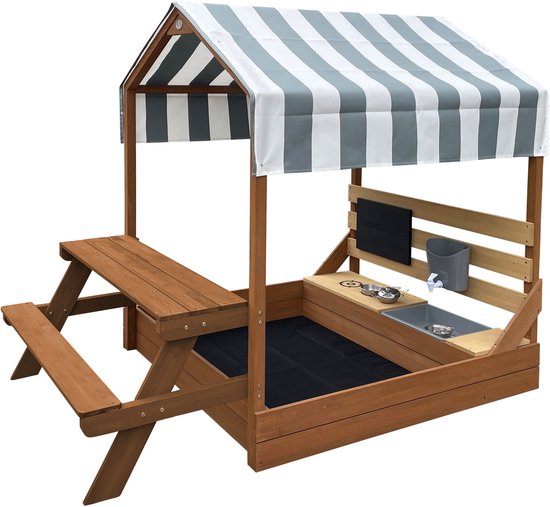 Bac à sable et maisonnette de jeu AXI Bo 159 x 105 cm avec cuisine de jeu et table de pique-nique, marron – Bois FSC – Avec tableau à craie et lot d'accessoires pour bac à sable (6 pièces) – Bâche de protection et toile de sol incluses – Garantie de 10 an